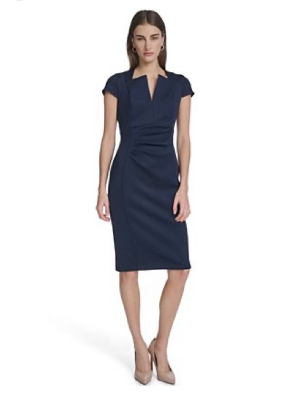 NWT Calvin Klein Side Ruched V-Neck Dress size 8 Navy